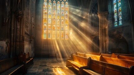 Poster - A beam of light shining through a stained glass window in an old cathedral, illuminating the pews