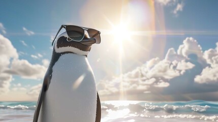 Wall Mural - Penguin Wearing Sunglasses on Beach with Sun Shining