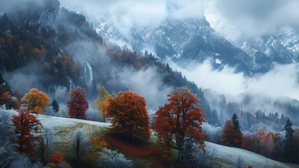 Wall Mural - Slovenia landscape ,nature , autumn scene, nature , waterfall ,mountains. Autumn scene in Slovenia ,mist, white frost over autumn trees , landscape, nature, beautiful scenery, mesmerizing.