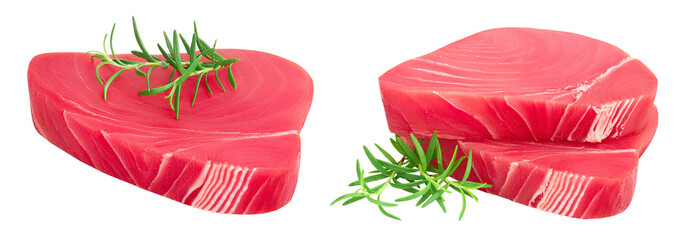 Wall Mural - Fresh tuna fish fillet steak with rosemary and lemon isolated on white background with  full depth of field