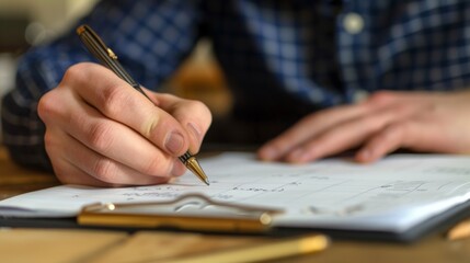 Poster - Businessman writing in a financial planner, focusing on budgeting and expense tracking