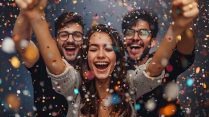 A joyful group of young adults express happiness during a confetti party celebration with wide smiles