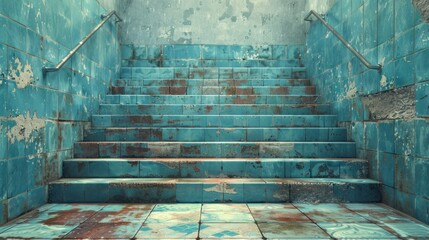 A dirty, old swimming pool with a rusted railing. The pool is surrounded by stairs and has a faded blue color. Scene is somewhat eerie and abandoned