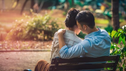 Sticker - A man and woman sitting on a bench in the park, AI