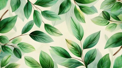 Wall Mural - A green leafy pattern is shown on a white background. The leaves are large and spread out, creating a sense of depth and movement