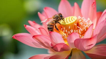Poster - Close-up of a bee collecting nectar from a blooming lotus flower, contributing to pollination