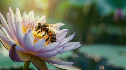 Poster - Close-up of a bee collecting nectar from a blooming lotus flower, contributing to pollination