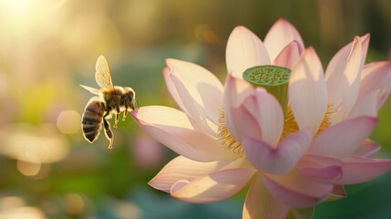 Poster - Close-up of a bee collecting nectar from a blooming lotus flower, contributing to pollination