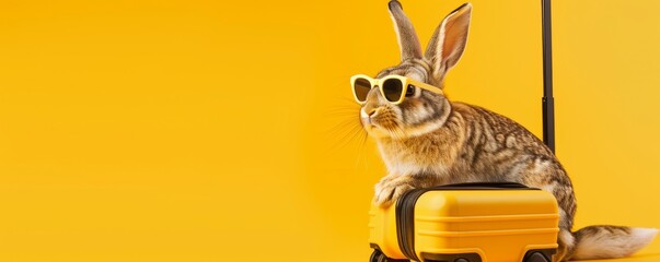 The rabbit wears sunglasses and carries a suitcase, traveling concept