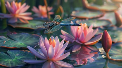 Poster - Close-up of a dragonfly resting on a water lily in a tranquil pond surrounded by blooming lotus flowers