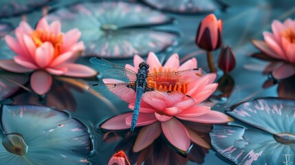Poster - Close-up of a dragonfly resting on a water lily in a tranquil pond surrounded by blooming lotus flowers