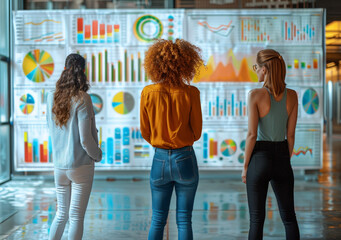 Poster - Team Discussing Business Strategy in Office with Large Data Analytics Display, Planning Project, Business Meeting, Corporate Goals, Daytime, Professional Environment