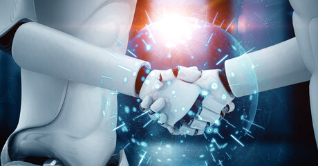 Poster - mlp 3d illustration hominoid robot handshake to collaborate future technology development by ai thin