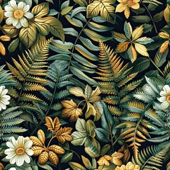  Dark floral pattern with gold leaves and white flowers.