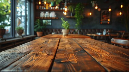 photograph of A close-up view of a wooden table inside a restaurant, set against a blurry background telephoto lens ambient lighting