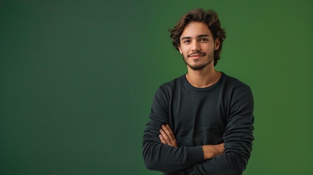 Happy millennial guy with folded arms, posing confidently on a solid green background