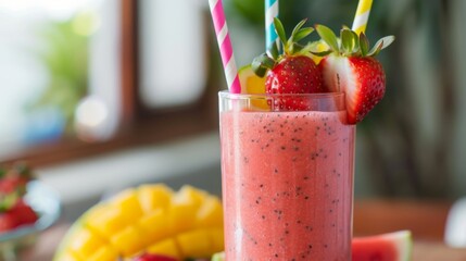 Wall Mural - Close-up of a refreshing fruit smoothie in a tall glass with colorful straws and fresh fruit garnish