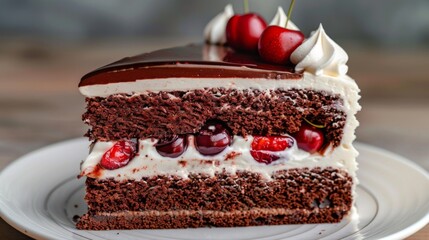 Poster - Close-up of a slice of German black forest cake with layers of chocolate sponge, cherries, and whipped cream
