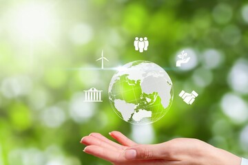 Poster - Hand holding earth globe with smart icon