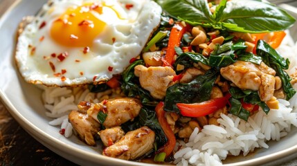 Close-up of a spicy Thai basil chicken stir-fry (pad kra pao gai) served with jasmine rice and a fried egg