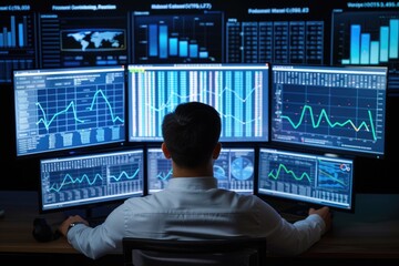 Poster - Worker looking at customer behavior chart while analyzing at computer and planning marketing strategy. Professional business man working while using financial graph and think about campaign. AIG42.