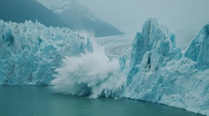 Wall Mural - a massive iceberg breaks off from a towering glacier and slowly drifts away.