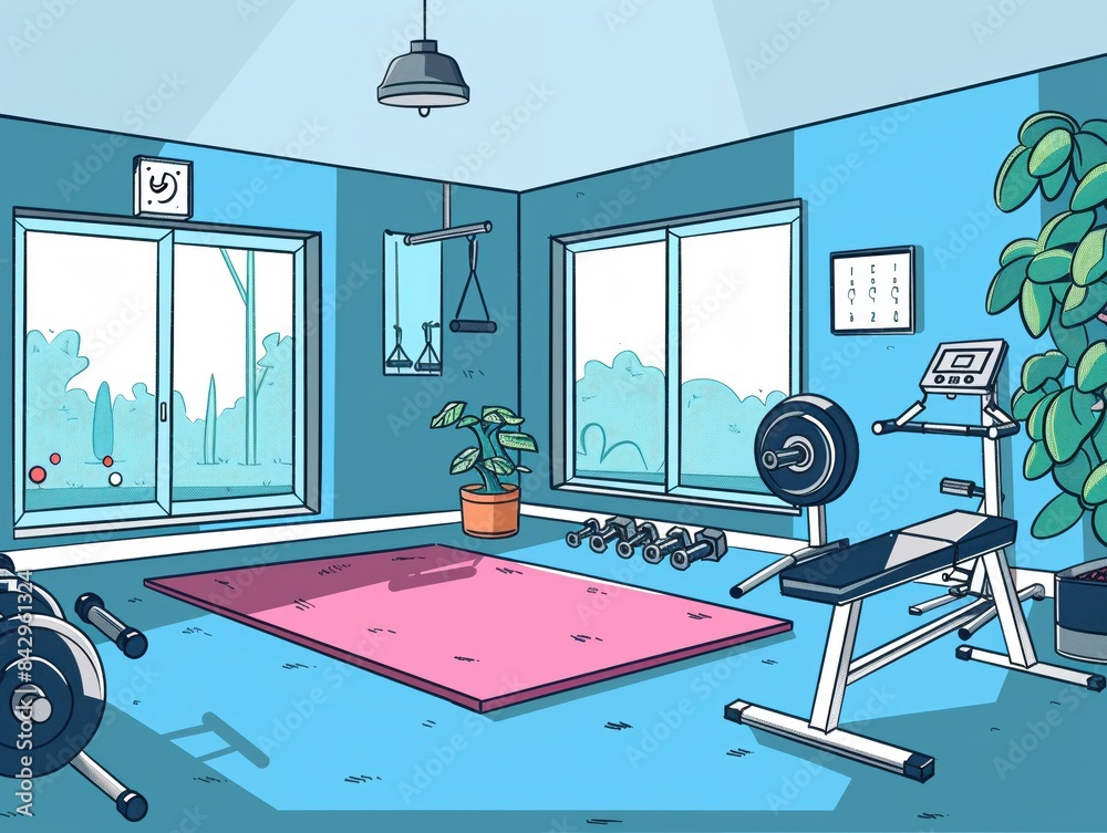 Home gym setup flat design side view exercise room cartoon drawing ...