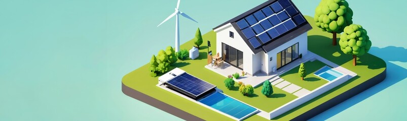 Isometric illustration featuring a modern eco-friendly house with solar panels, a wind turbine, and a swimming pool in a lush garden, highlighting sustainable living and renewable energy in a minimal