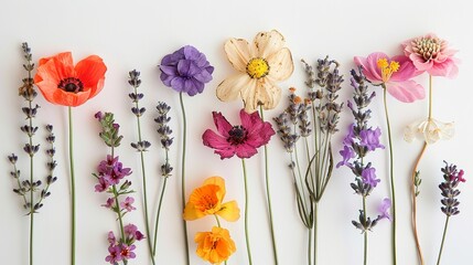 Wall Mural - Mix of flowers with lavender pressed dried flowers in the style of watercolor on a white background