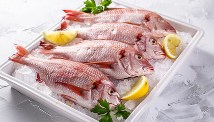 Fresh fish on ice with lemons