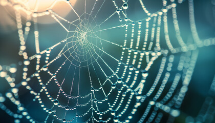 Spider web with morning dew drops