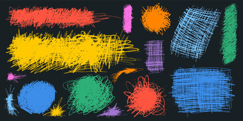 Set of charcoal pencil curly lines, squiggles and shapes. Grunge pen scribbles vector. Art hand drawn pencil lines, doodles. Vector bright color charcoal or chalk drawing. Rough crayon strokes texture