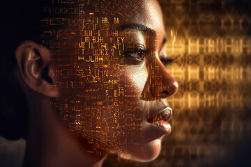Wall Mural - Mulatto woman face with digital matrix numbers. Artificial intelligence. AI theme with a female human face