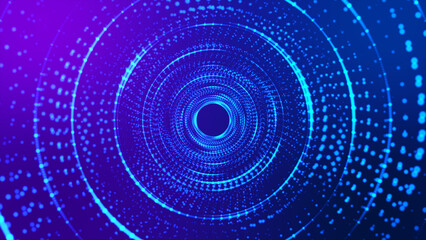 Aufkleber - Digital light tunnel, Abstract dynamic wireframe tunnel on purple background. Futuristic 3D portal. Futuristic particle flow.