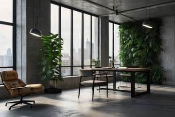 Poster - A modern office space with large windows overlooking a city skyline. The room features a desk, chairs, and plants