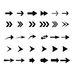 Poster - Arrows set. Arrow of different shapes, linear symbols collection. Arrows set of 30 black icons. Arrow flat style isolated on white background. 