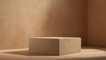 Poster - A simple, rectangular concrete platform sits in a corner on a neutral background. Sunlight streams in, creating a warm glow