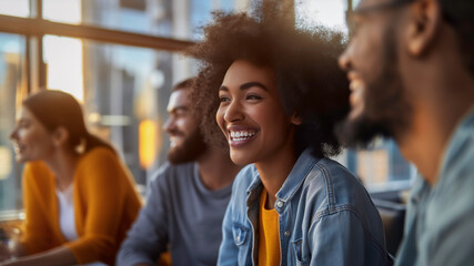 Group of friendly startup businesspeople smiling and engaging in a conversation about business planning and goals in meeting room.