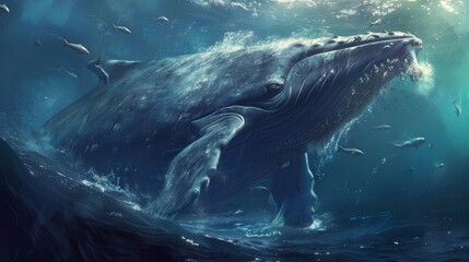 Wall Mural - a gathering of curious sea creatures drawn to the commotion of a whale fall.