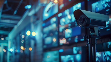 surveillance camera on a stand, with blurred lights and equipment racks in the background, symbolizing security and technology