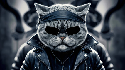 Poster - A cat wearing a leather jacket and sunglasses with the words 