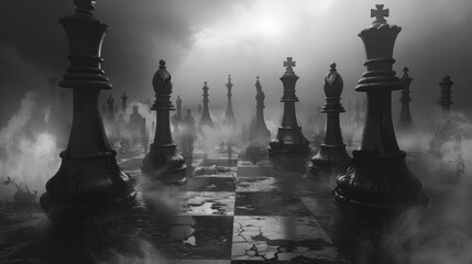 Chess war. The battlefield is in smoke. Big chess battle illustration for background and design.