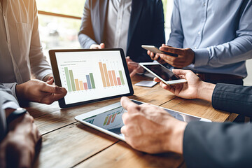 Poster - A group of people are gathered around a table with a tablet displaying graphs