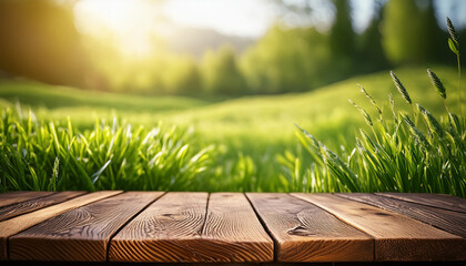 Canvas Print - wooden table top product display with a fresh summer sunny blue sky with warm bokeh background with green grass meadow foreground