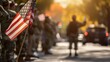 © Masque - Veterans pay tribute to the flag in Memorial Day parade with blurred backdrop perfect for text overlay