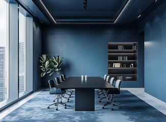 Wall Mural - Modern office meeting room interior with blue walls, large windows and black bookcase near long table for business conference