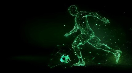 Wall Mural - Digital Art of Low Poly Green Soccer Player, Geometric Design with Illuminated Green Effects, Modern Abstract Sports Illustration