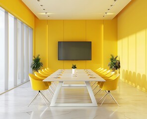 Wall Mural - Modern office meeting room interior with table, chairs and big TV on wall, light yellow color scheme, 3d rendering illustration of business conference area design concept