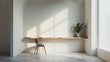 © nuttapong - A minimalist workspace with a wooden desk, chair, and a potted plant. Sunlight streams through a large window.