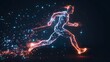 © HY - Digital illustration of athlete running, blue and red interconnected points and lines on black background
